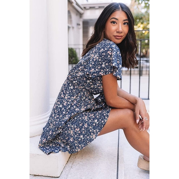 390 New BOUTIQUE Floral Print Tie Knot Ruffled Short Sleeve Mini Dress - Picture 8 of 10